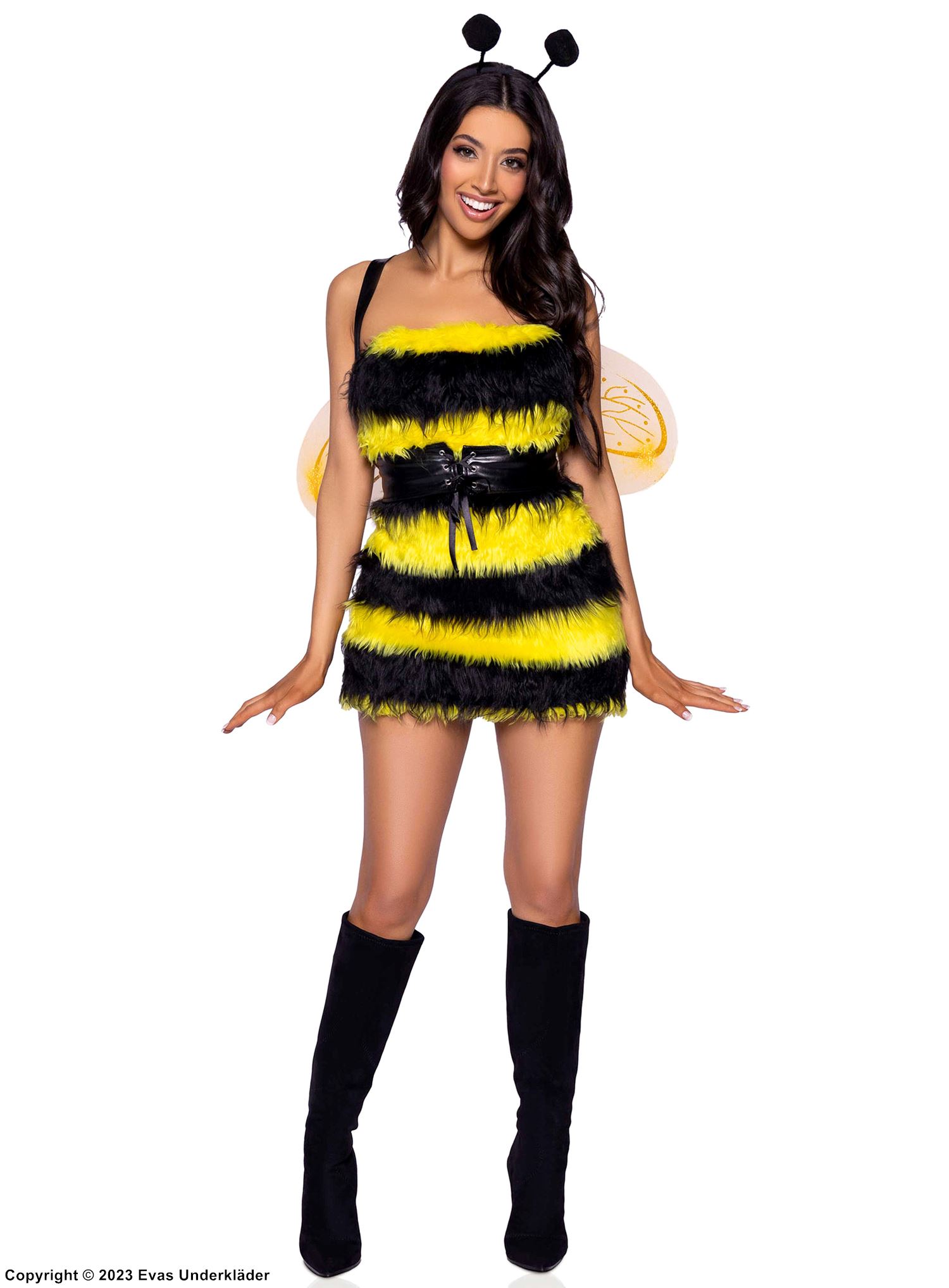 Female bee, costume dress, wings, horizontal stripes
